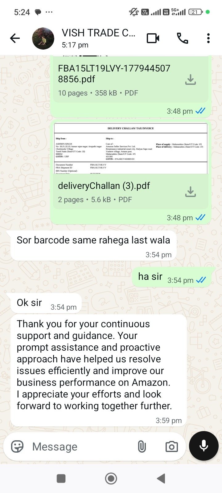 WhatsApp seller feedback from Vish Trade about Continuous listing guidance